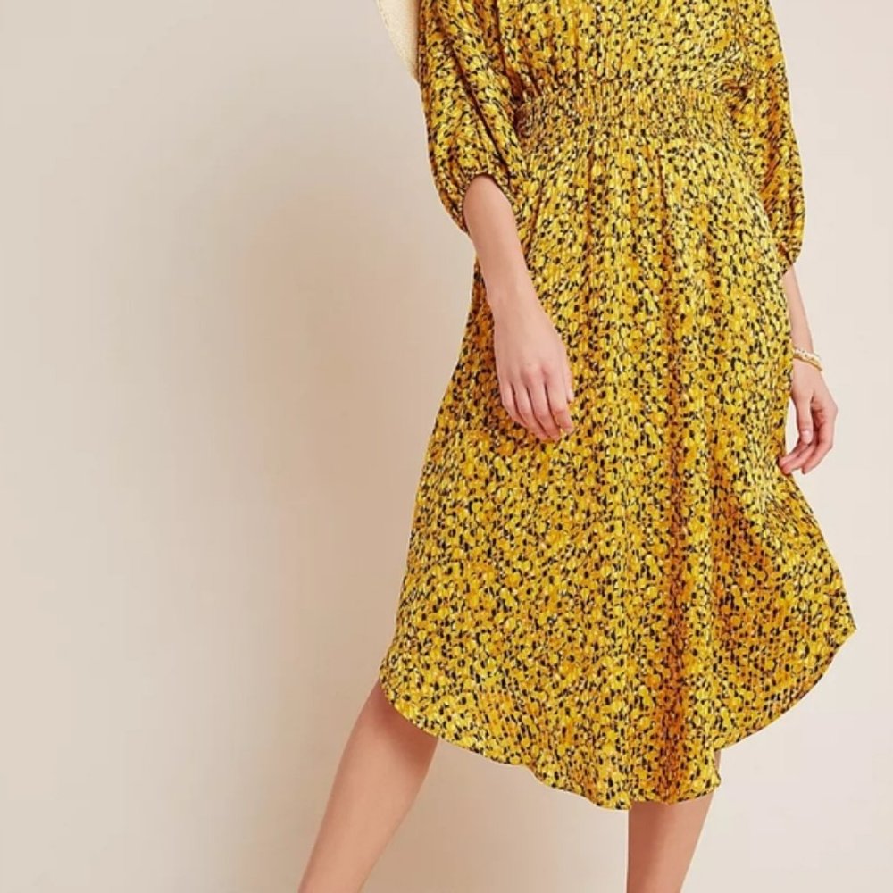 Anthropologie Marigold Smocked Waist Yellow 3/4 Sleeves Large V-neck Midi Dress - Picture 5 of 8